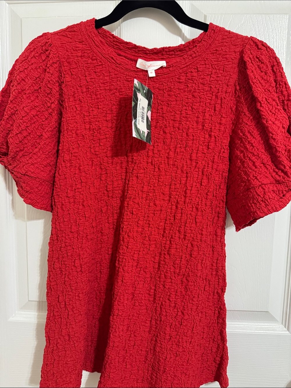 Ces Femme Red Textured Puff-Sleeve Blouse